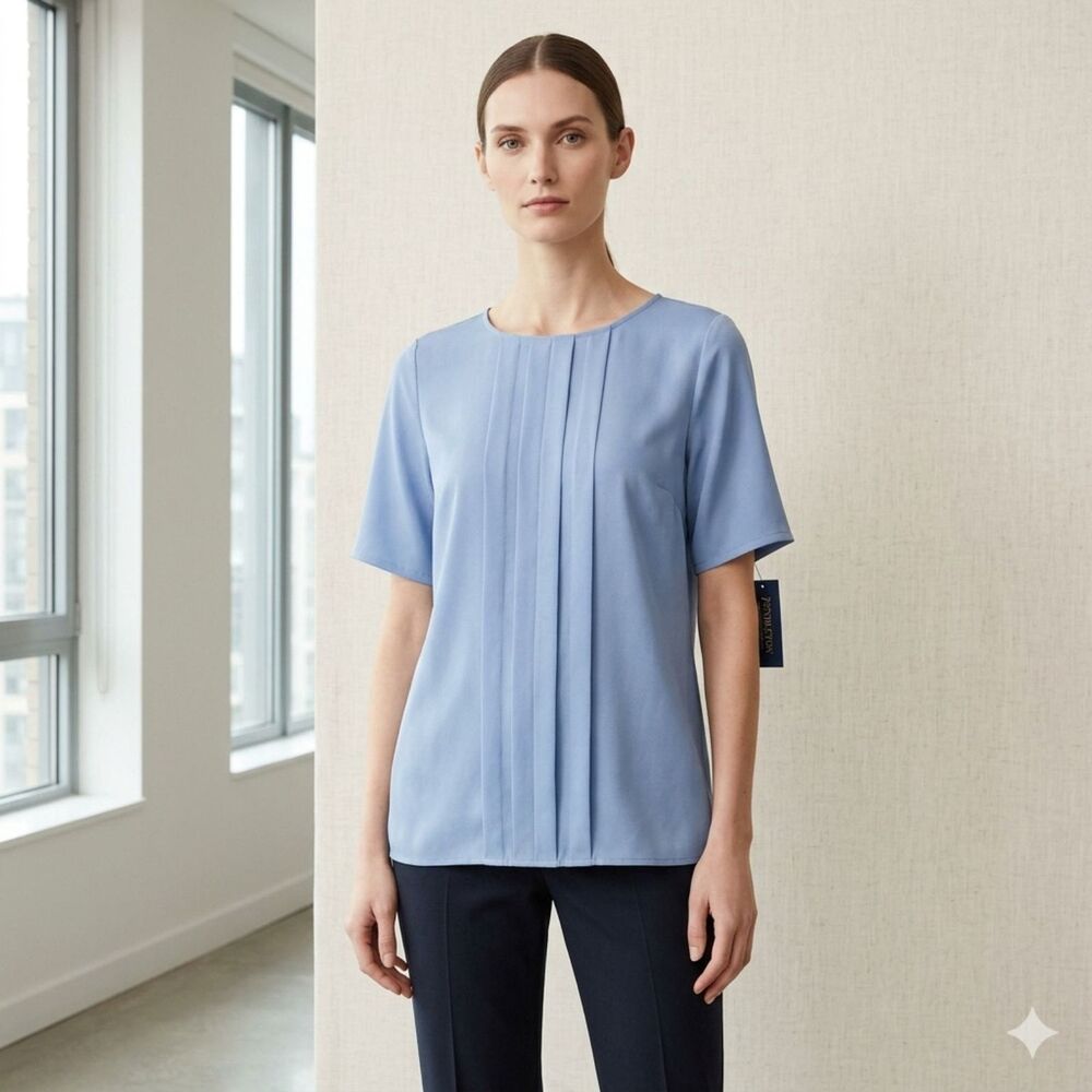 Pendleton Pleated Front Short Sleeve Blouse Button-Front Powder Blue Sz 10 Tall